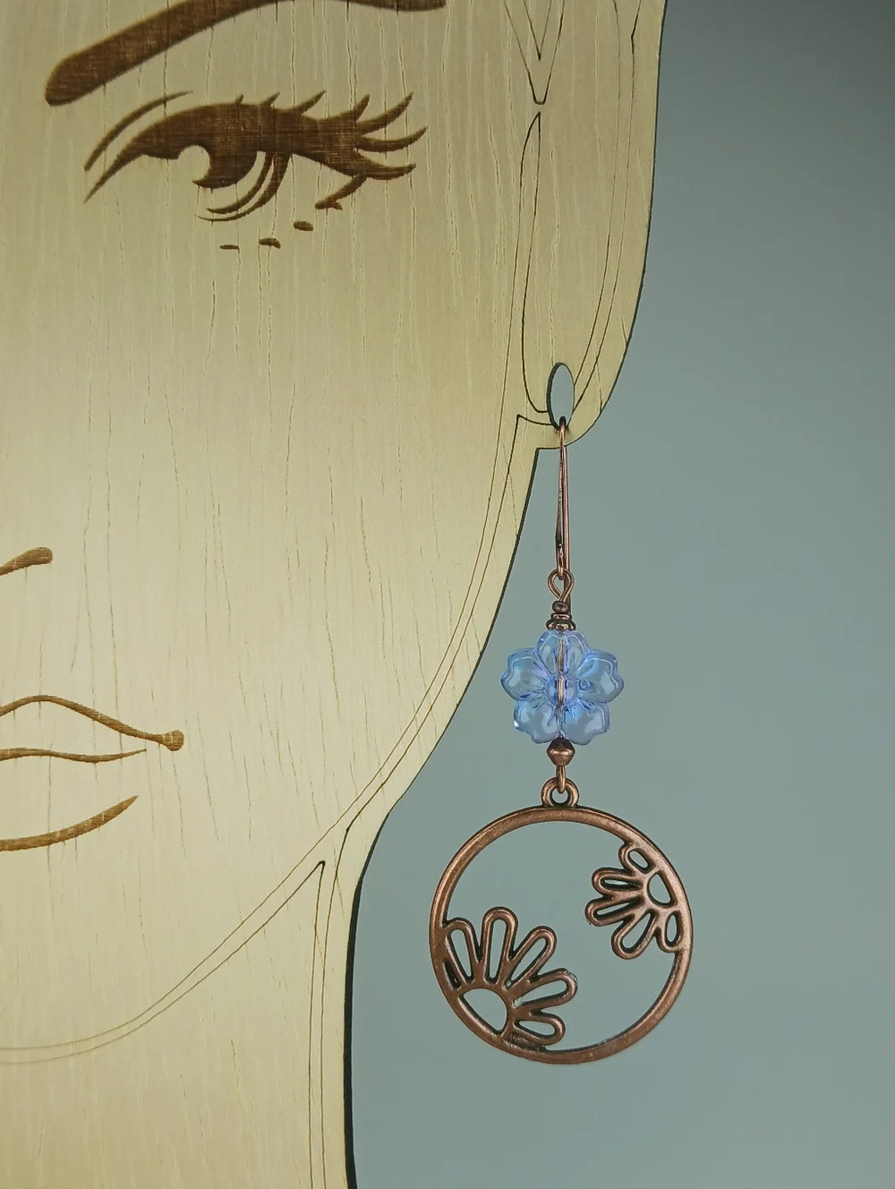 Copper Floral Hoop Earrings Czech Glass Blue Flower Boho Garden Hand Crafted